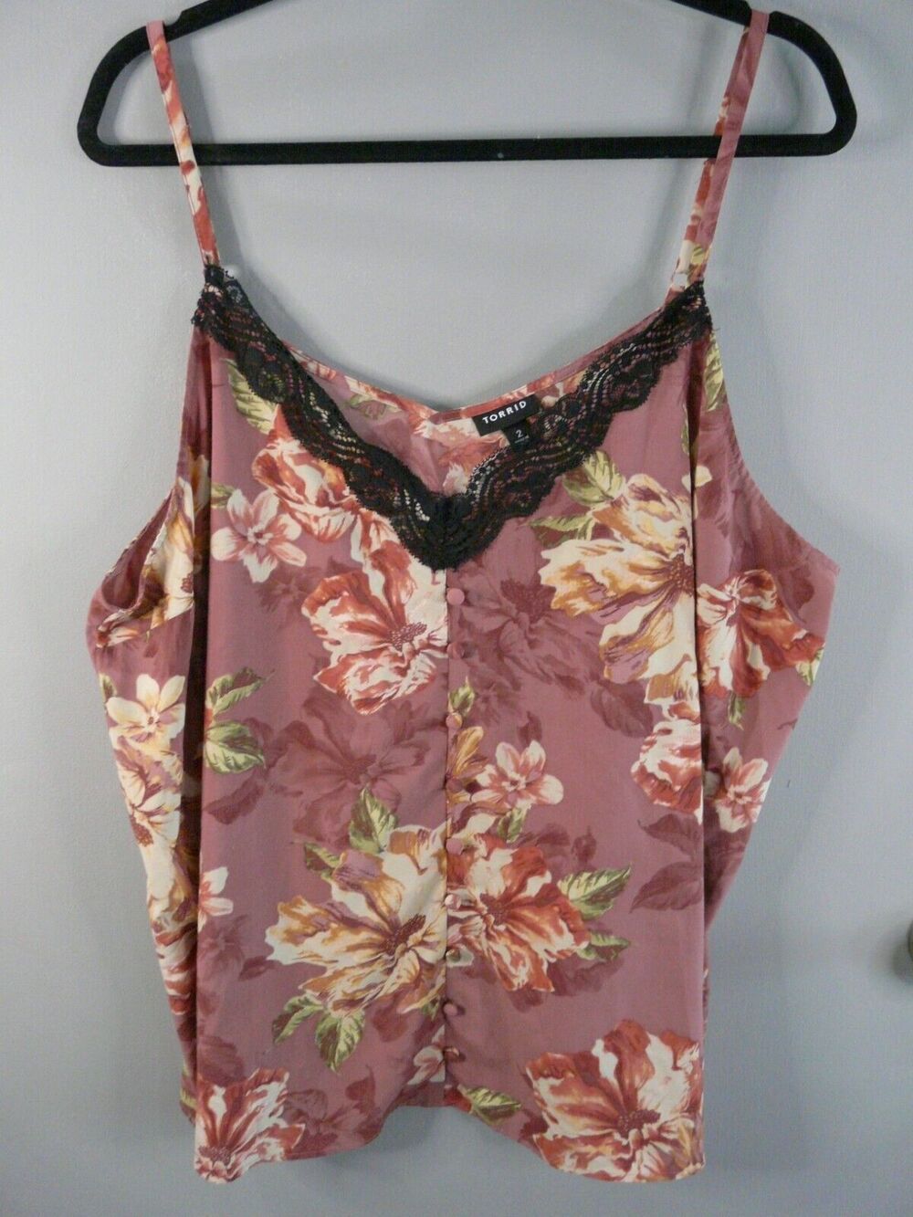 Torrid Womens 2 Spaghetti Strap V Neck Floral Print Black Lace Blouse